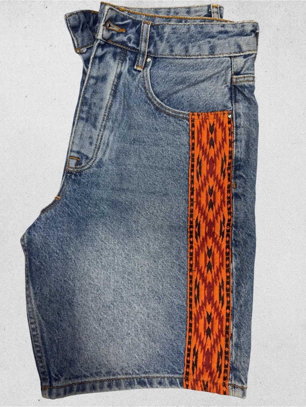 ASOS Denim Long Baggy Shorts Orange Embroidered Trim Y2K Waist 30